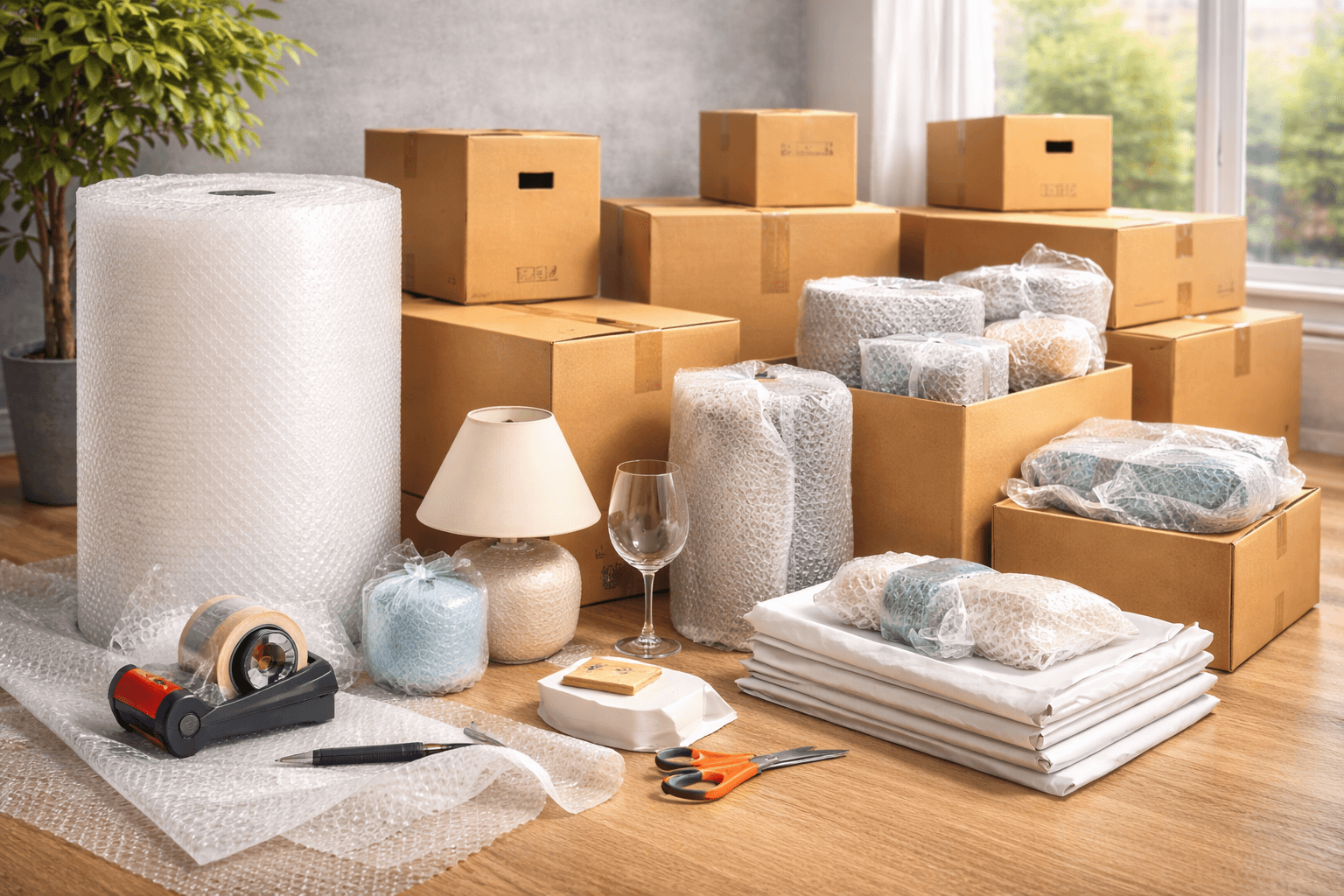 Bubble wrap and packing paper next to moving boxes